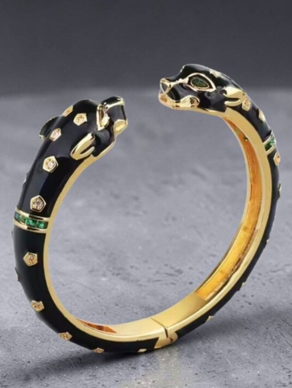 18k Gold Plated Luxury Duo Panther Leopard Head Onyx Enamel Crystal Bracelet